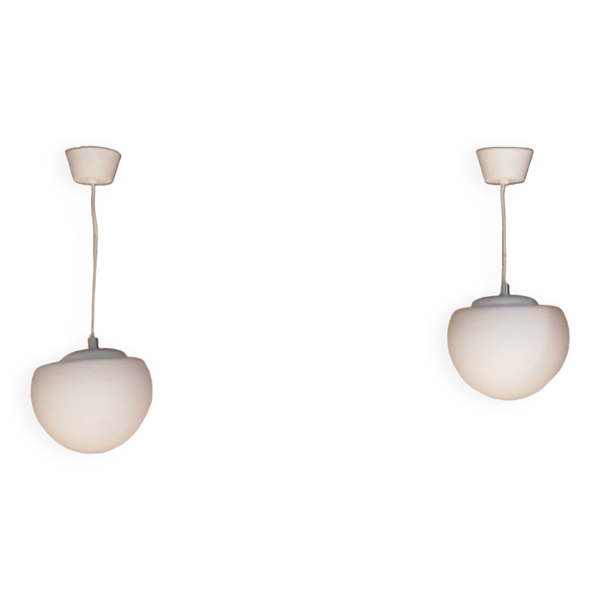 Set of 2 space age ''half sphere'' pendant lights in opaline vintage 1960