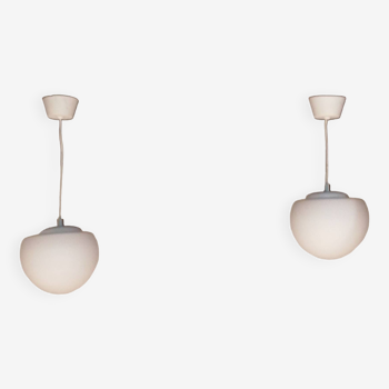 Set of 2 space age ''half sphere'' pendant lights in opaline vintage 1960