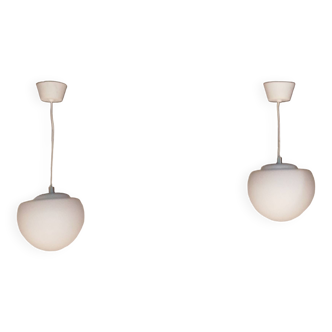 Set of 2 space age ''half sphere'' pendant lights in opaline vintage 1960