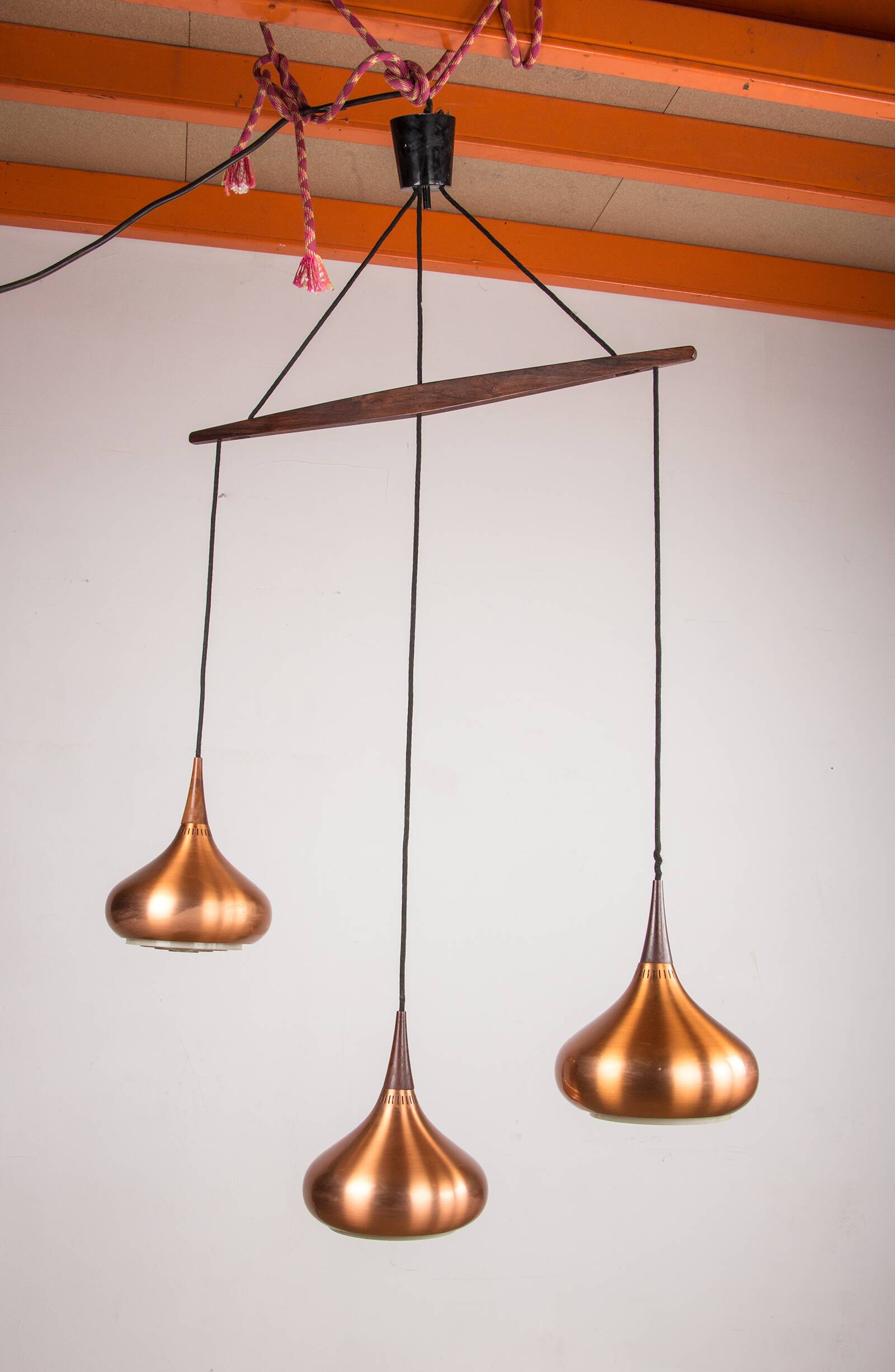 Triple Danish pendant light in metal and Rosewood, Orient model, Jo Hammerborg for Fog & Morup.