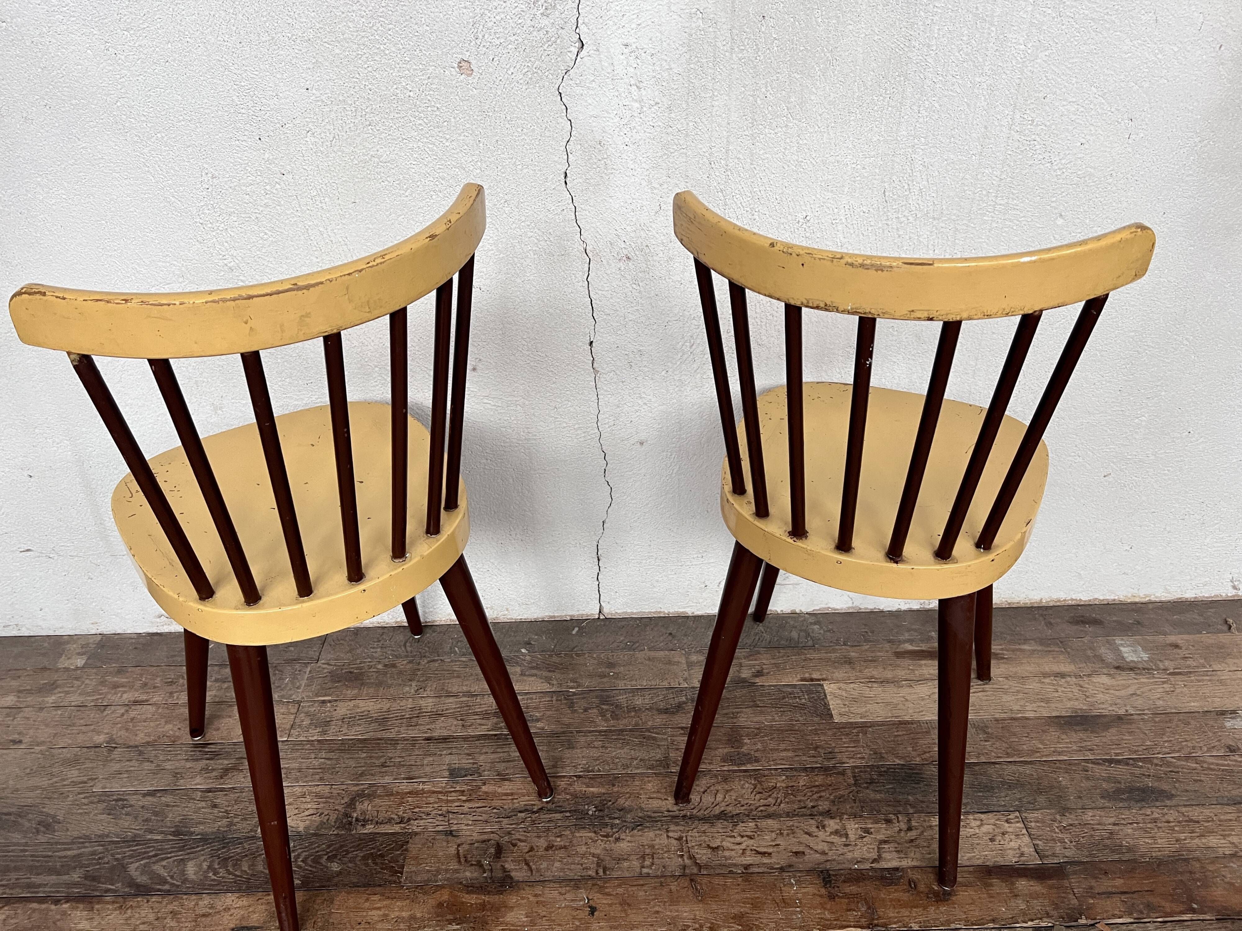 Pair of Baumann bistrot troquet chairs in yellow and brown wood