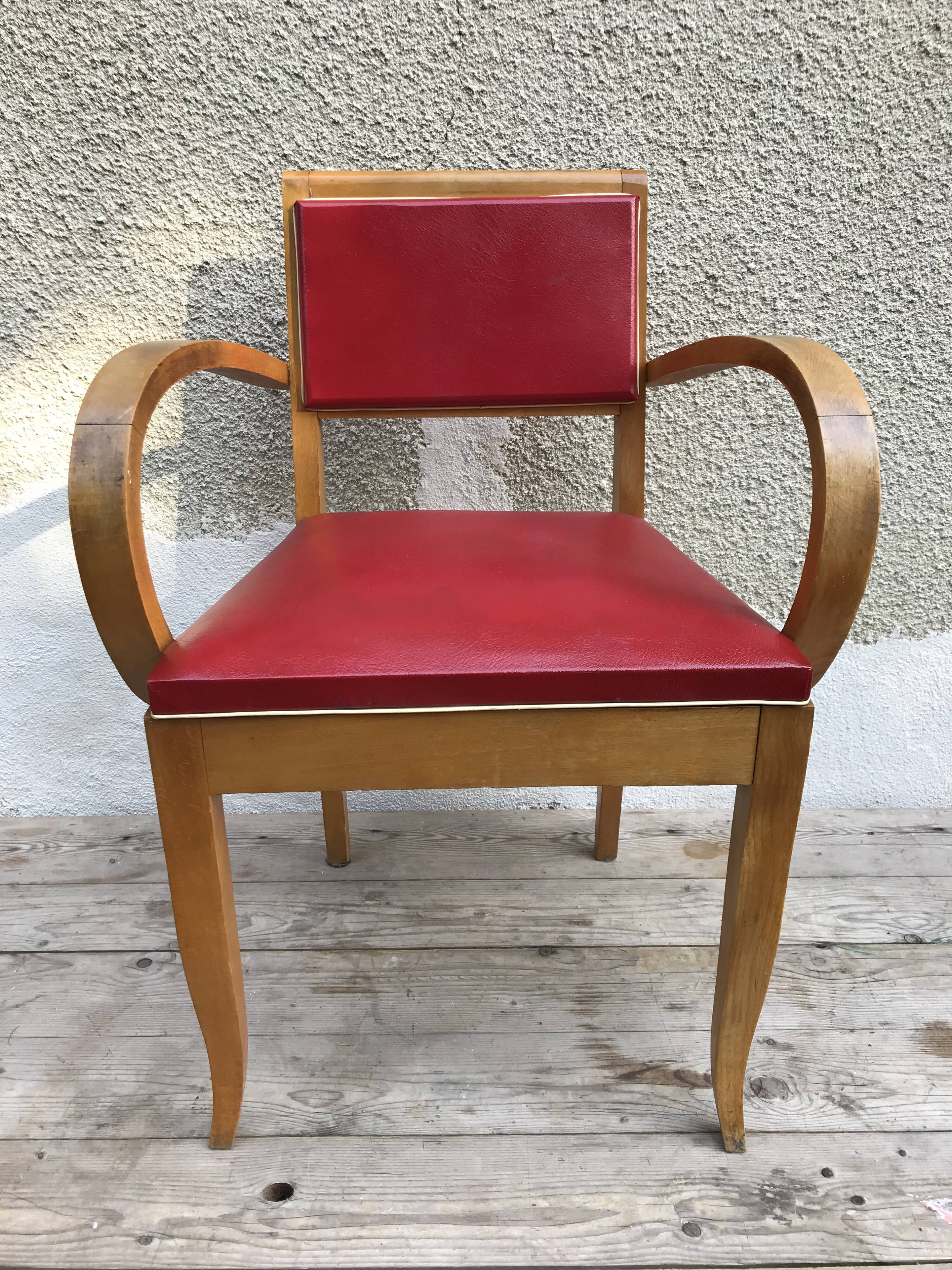 Fauteuil bridge ancien bois & skai rouge années 70