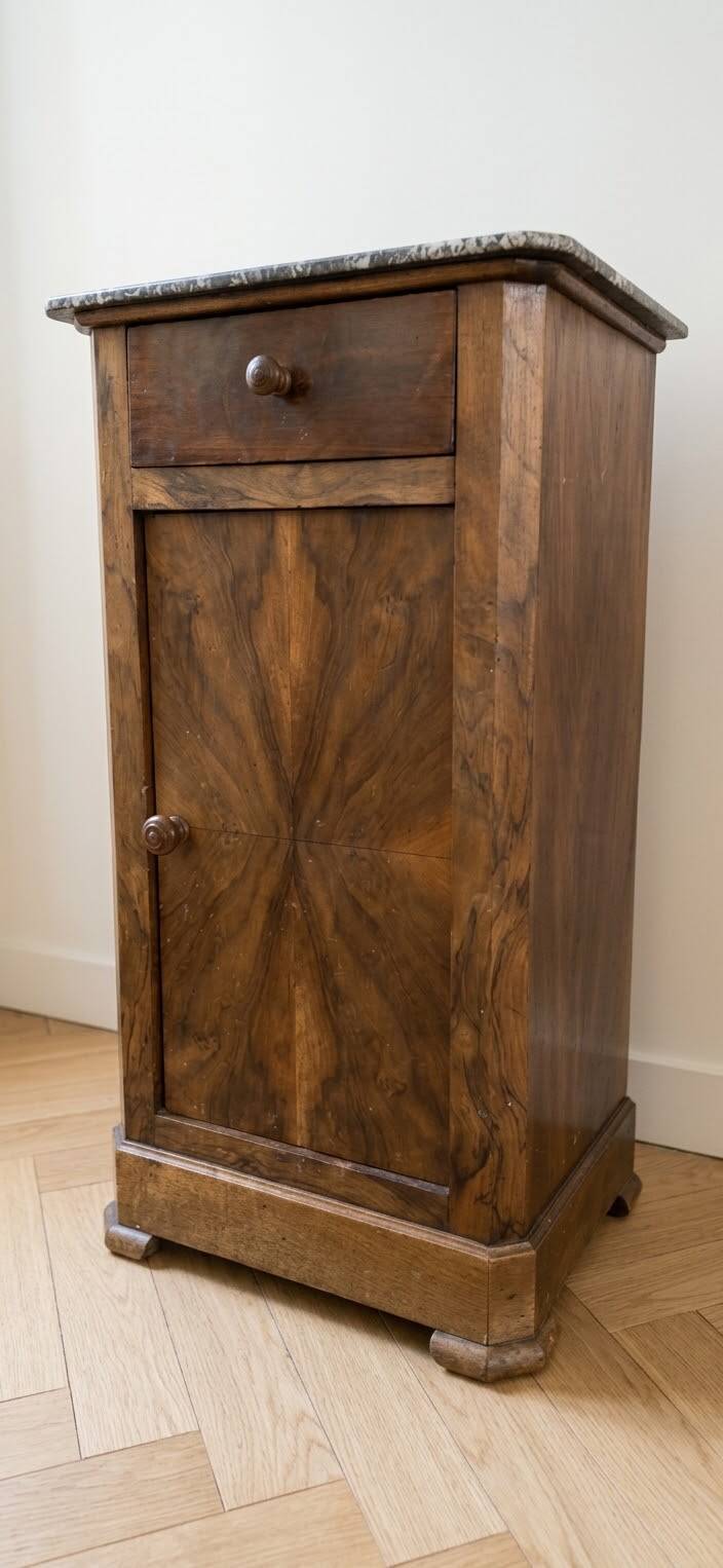 Antique bedside table in wood and grey marble, old brown.