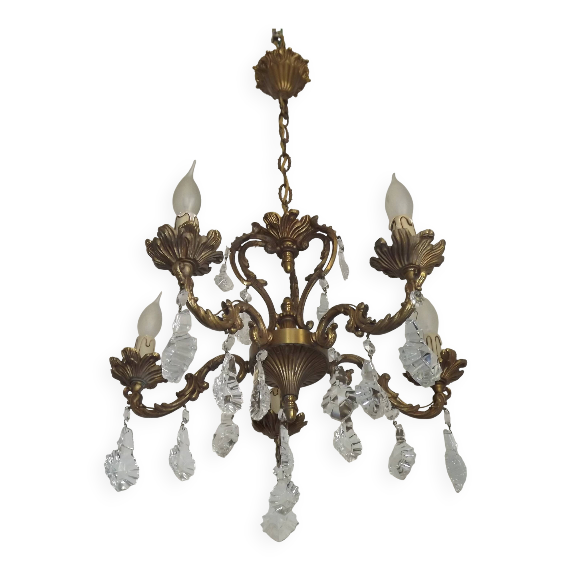 French Art Nouveau 5-Light Bronze 3 sided Crystal Cage Chandelier