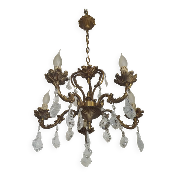Chandelier en cristal à cage en bronze à 5 lumières et 3 côtés de style Art Nouveau