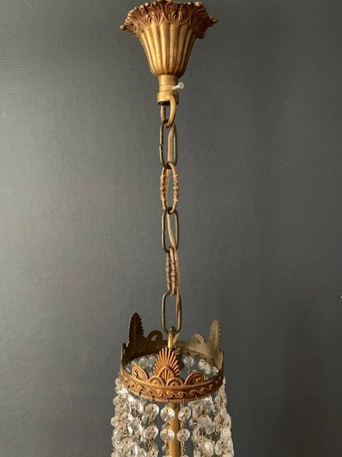 Antique hot air balloon chandelier in brass and crystal, 3 lights, 1920s