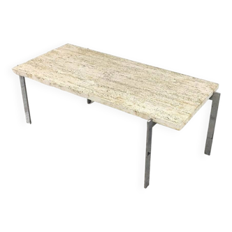 Table basse vintage en travertin et chrome, 1970