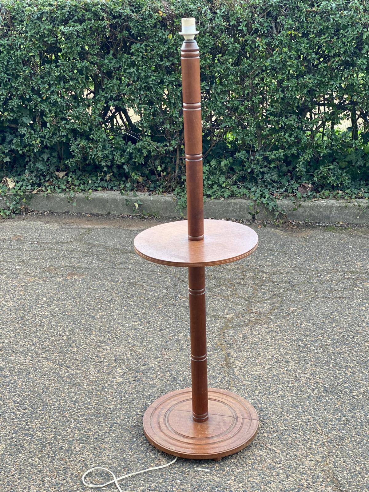 Art Deco floor lamp with wooden shelf and beige lampshade