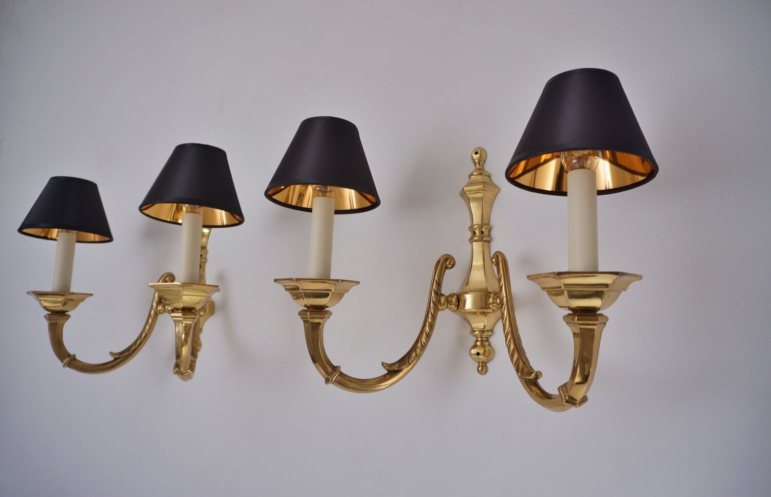 Pair brass wall lights sconces, twin arm, Neoclassical, 1950`s ca, English