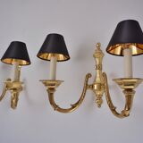 Pair brass wall lights sconces, twin arm, Neoclassical, 1950`s ca, English