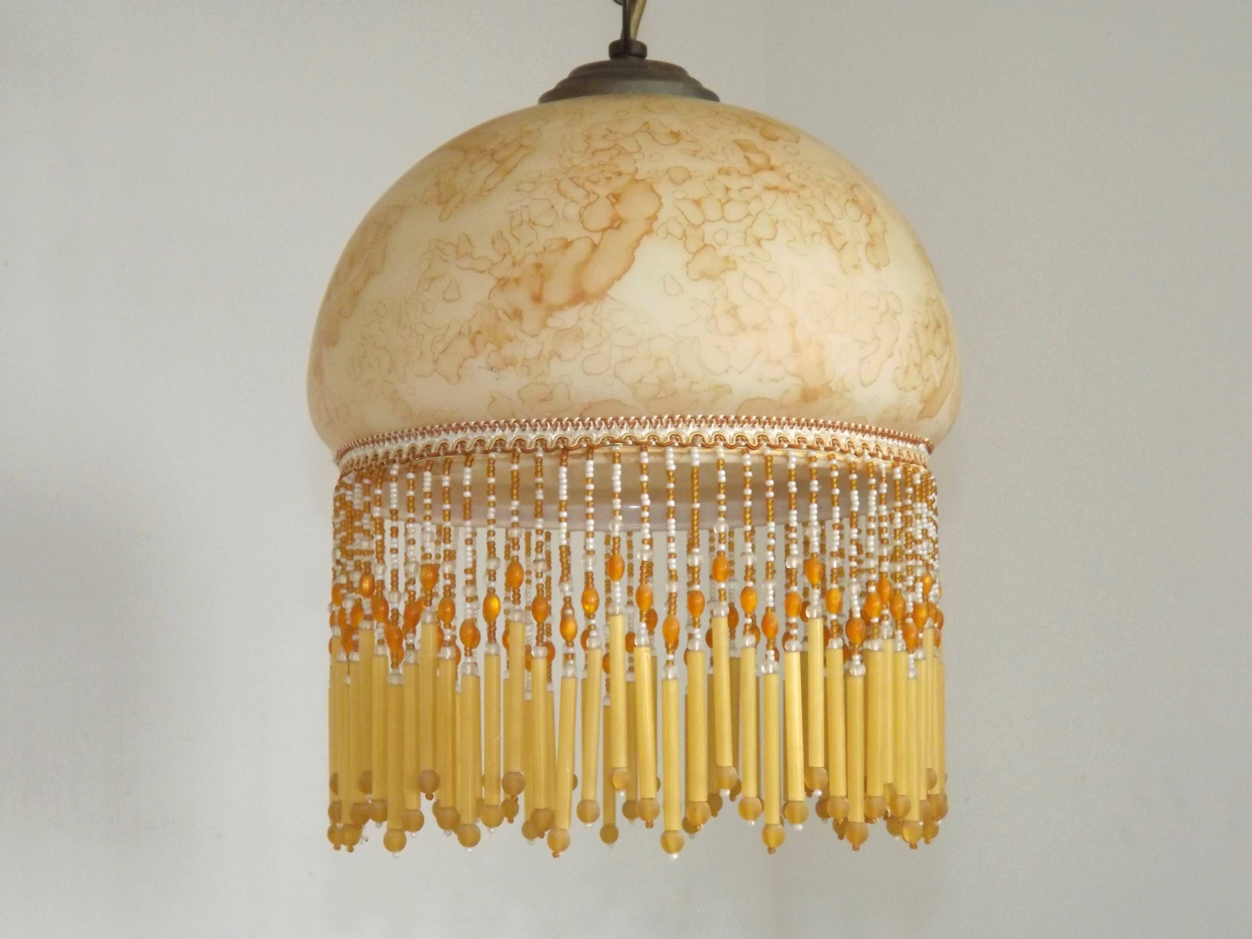 Mid Century Amber Mottled Glass Ceiling Light with Beaded Glass Fringe