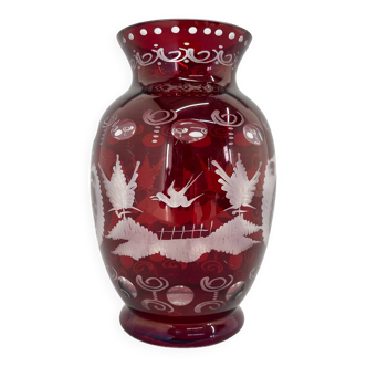 Egermann Ruby Red Hand Cut Glass Vase, Czechoslovakia, 1940's