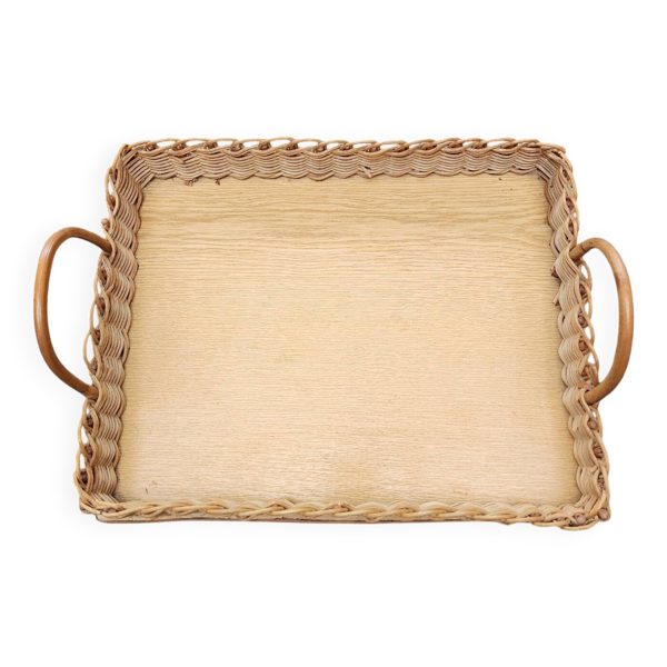 Plateau en osier et bois