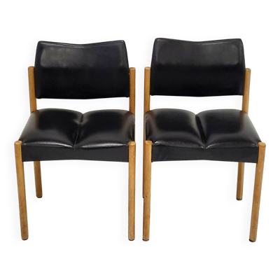 Pierre guariche : paire de chaises vintage 1970 en skai noir & hetre 70s 19