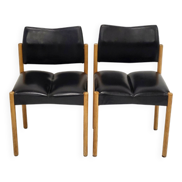 Pierre guariche : paire de chaises vintage 1970 en skai noir & hetre 70s 19