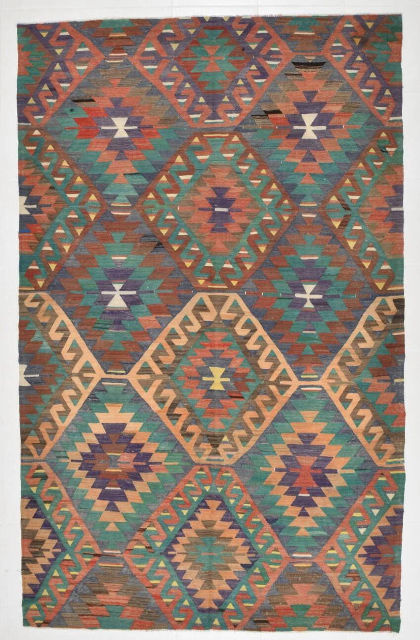 6x10 Green & Purple Vintage Kilim Rug, Modern Oushak Rug, 181x291Cm