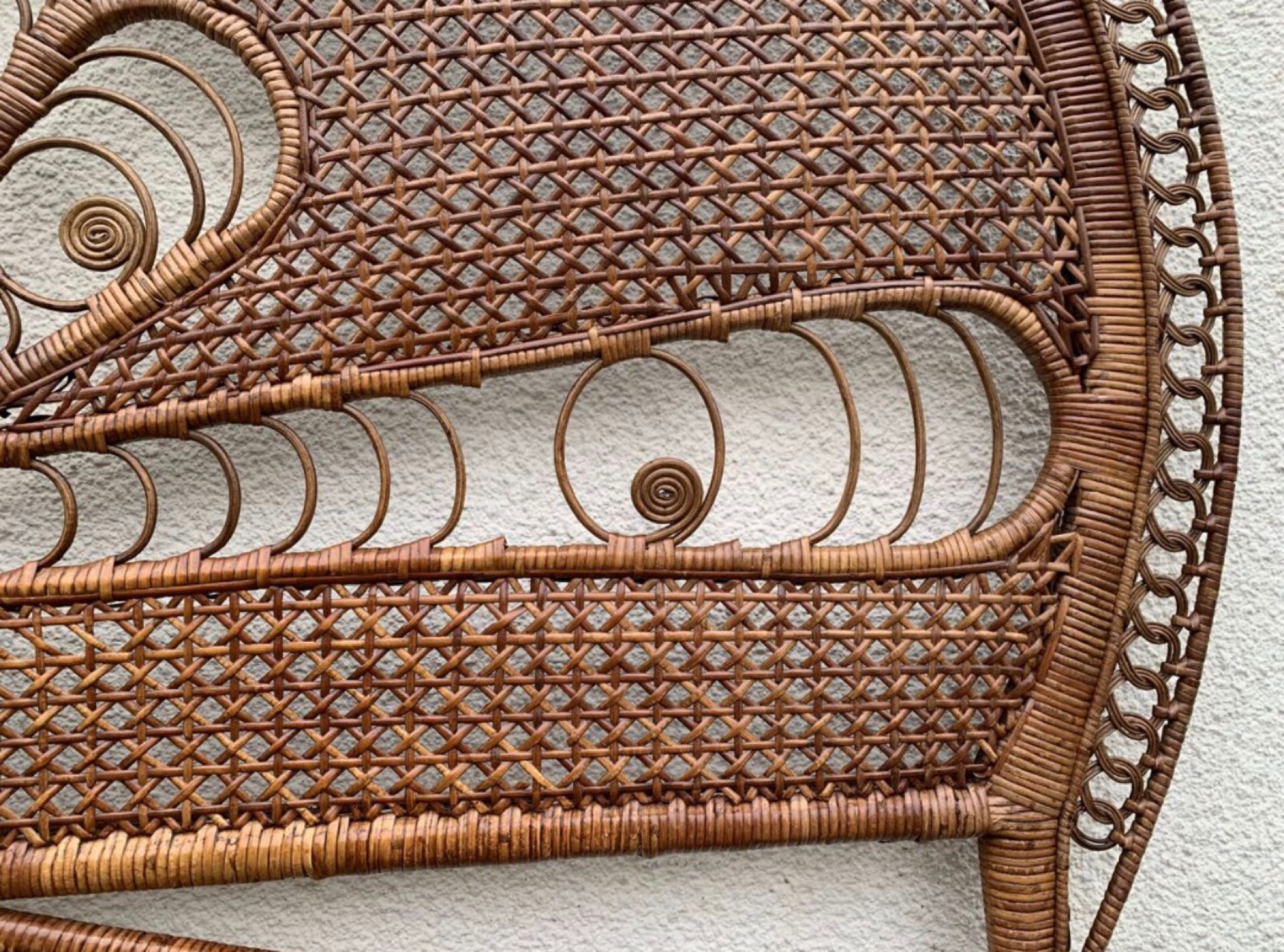 Large vintage headboard in woven rattan fan / Peacock 180cm