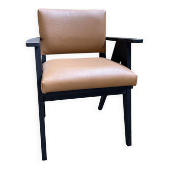 Fauteuil pieds compas - teck et cuir