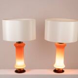 Pair of orange glass lamps. 1970s.