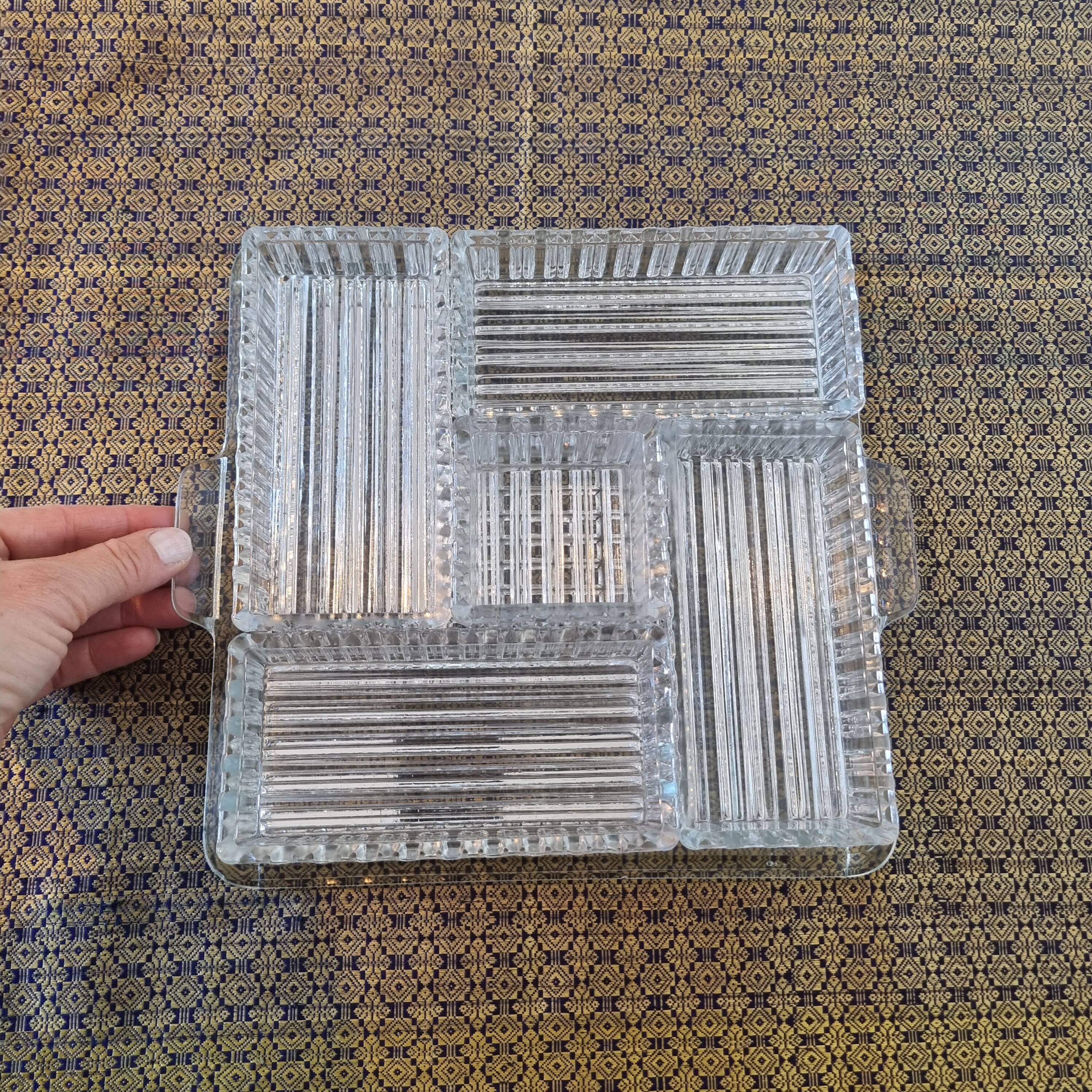 Large 6-piece aperitif tray in French molded rock crystal from the 50s and 60s