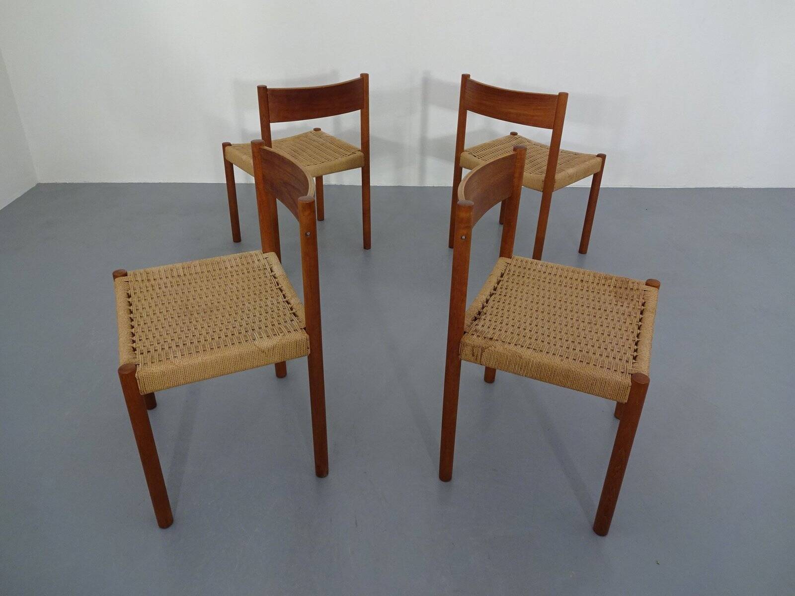 Teak & Papercord Dining Chairs by Poul M. Volther for Frem Røjle, Denmark, 1960s, Set of 4