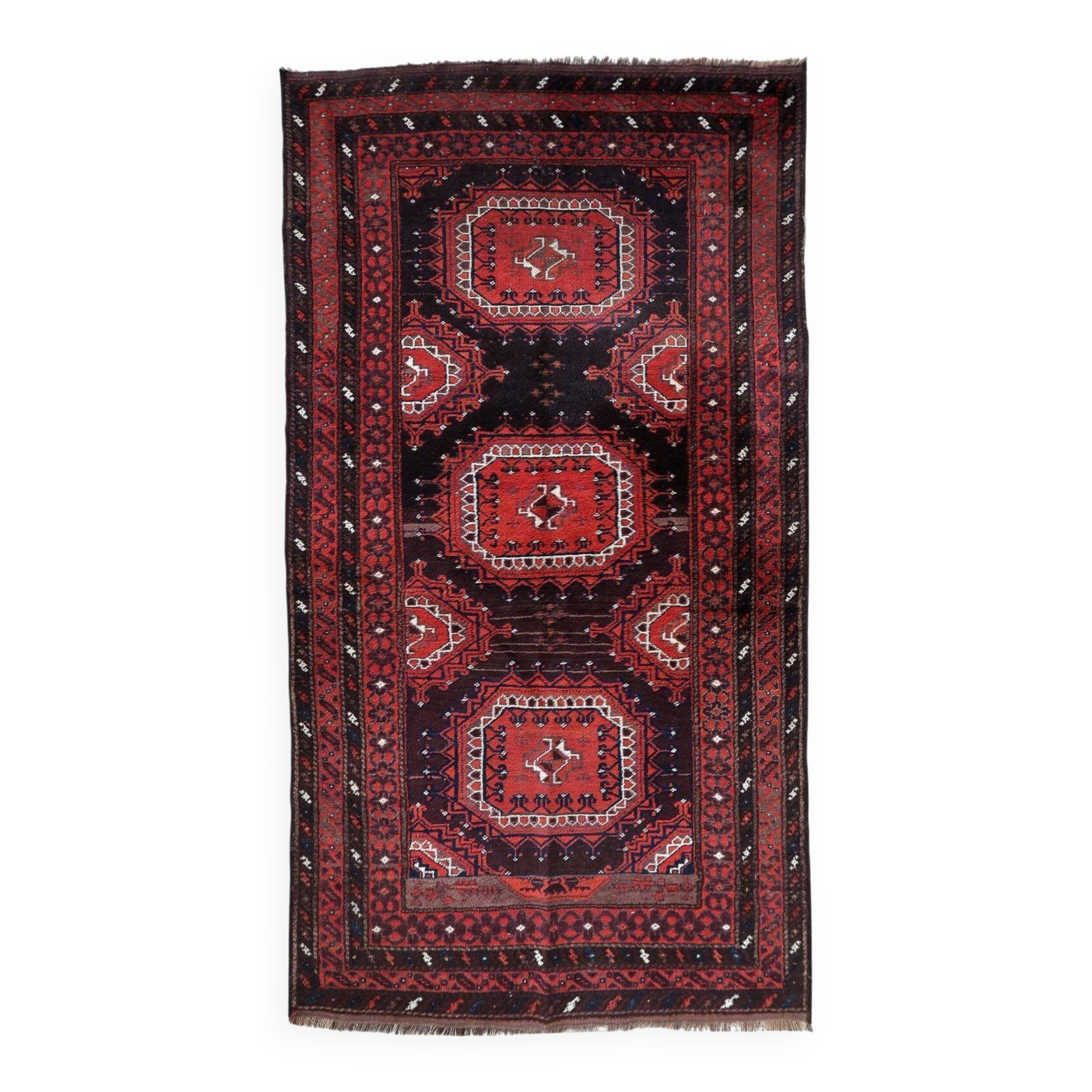 Tapis baloutche afghan ancien noué à la main 116 cm x 210 cm - rouge et marron (1C1195)