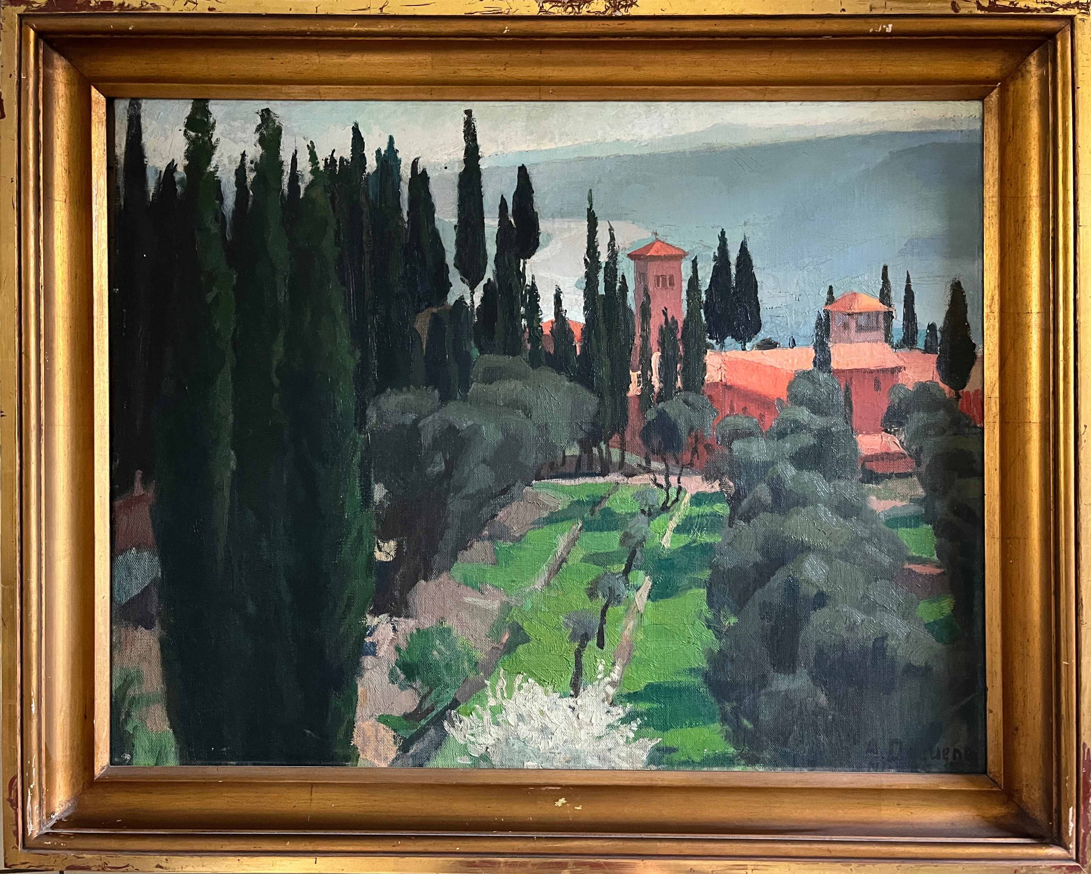 Tableau HSP "Mediterranean Landscape - Nice" 1935 Villa signed A. Deguene