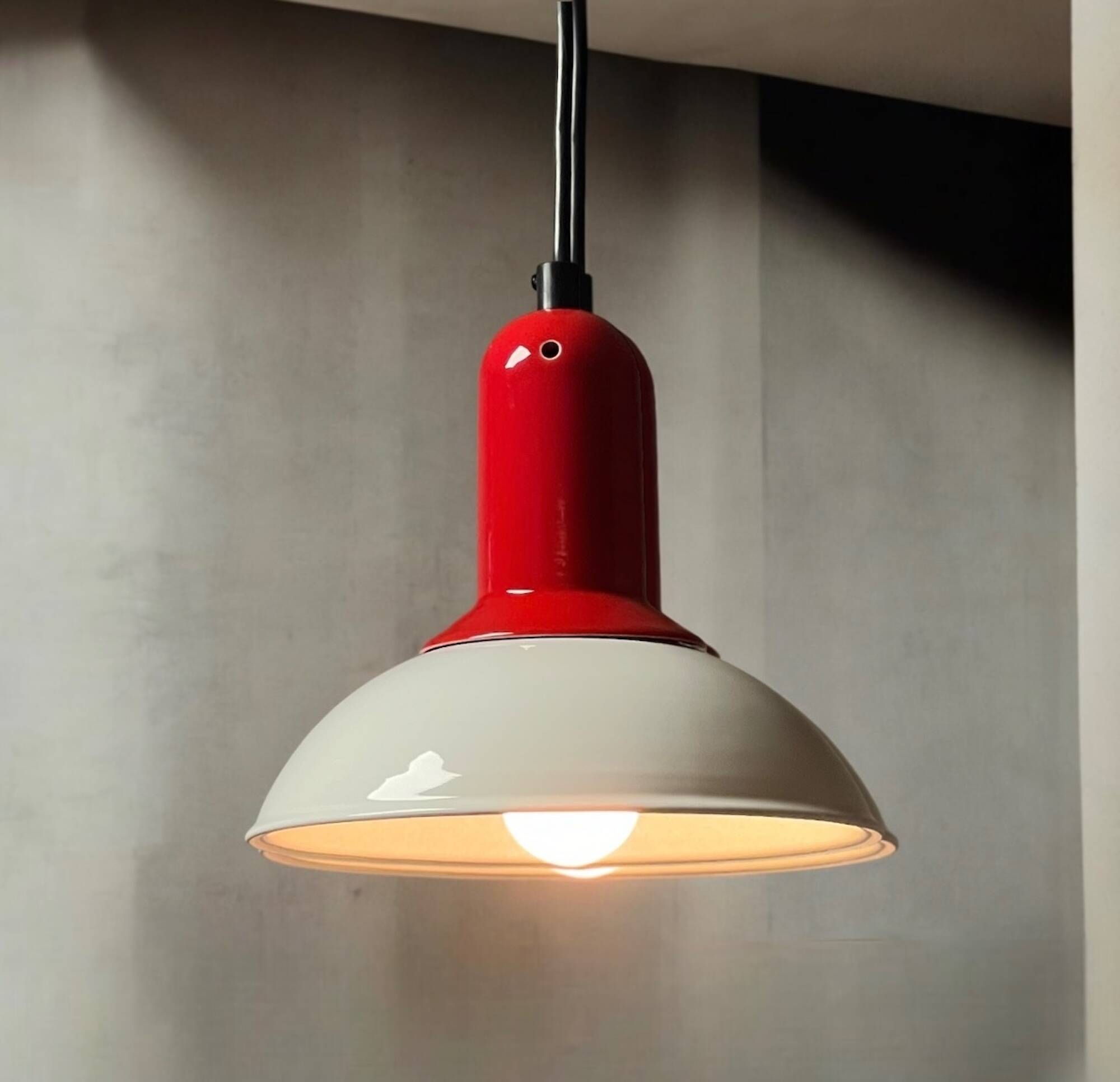 1980s Vintage Hanging Lamp by Imago Italy - Red and White Ceramic- New Old Stock.