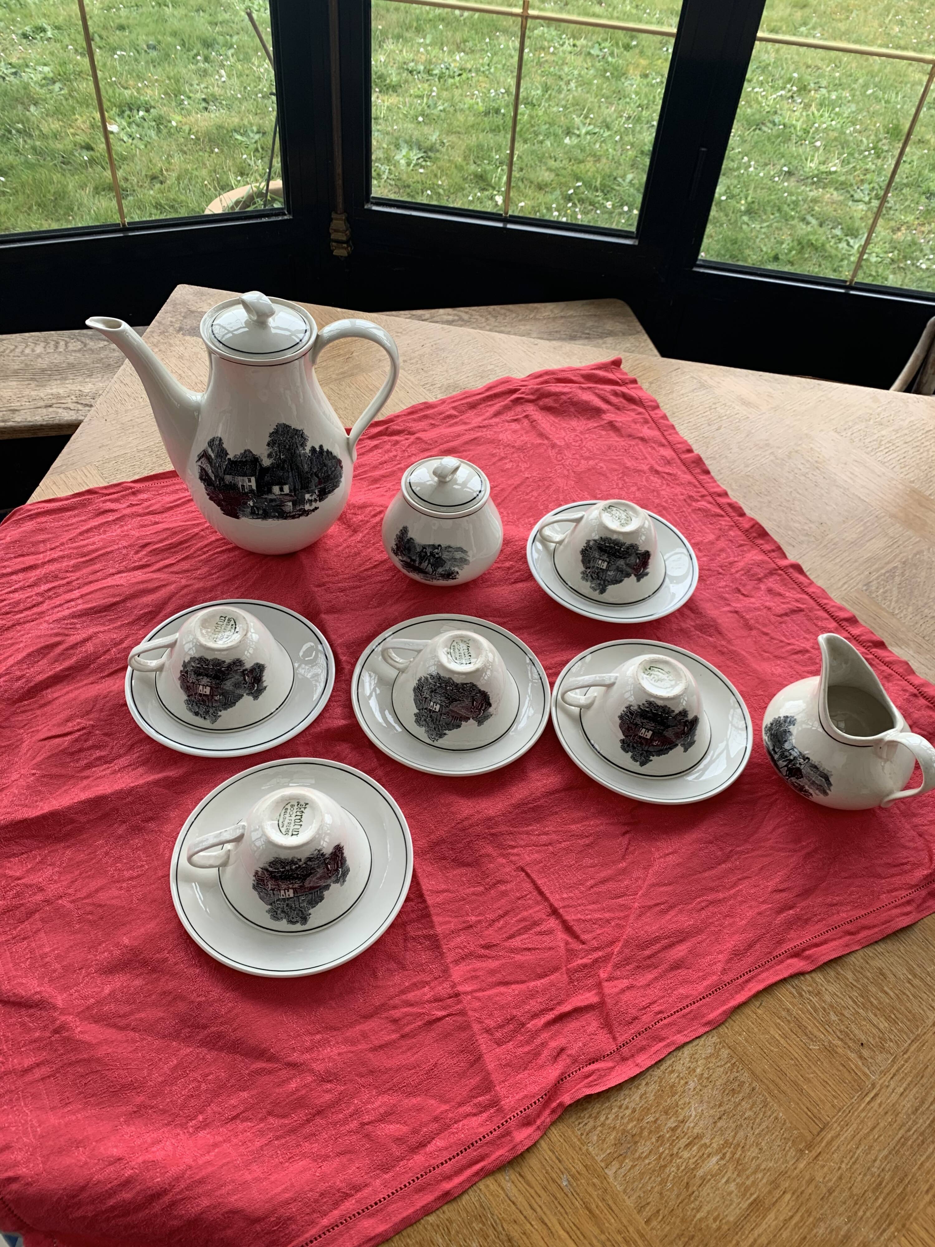 Coffee service keraluX boch Freres Belgium peasant scenes art deco