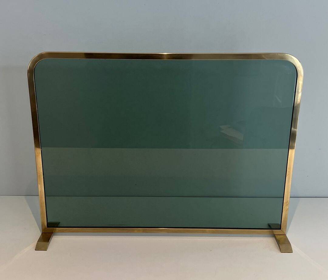 Single Panel Fire Screen in Tinted Green Glass with Brass Frame