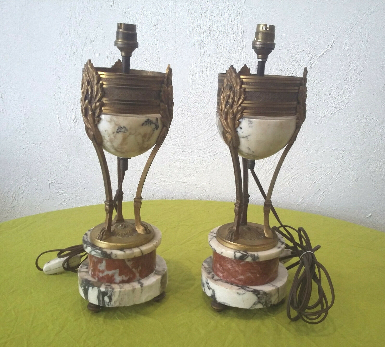 Pair of Athenian lamps in marble and bronze