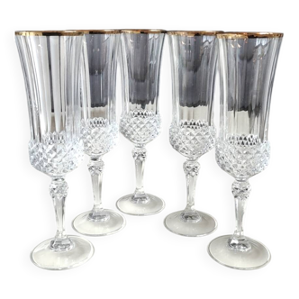 Lot of 5 x Large Champagne Flutes Valencay Gold/Cristal d'Arques