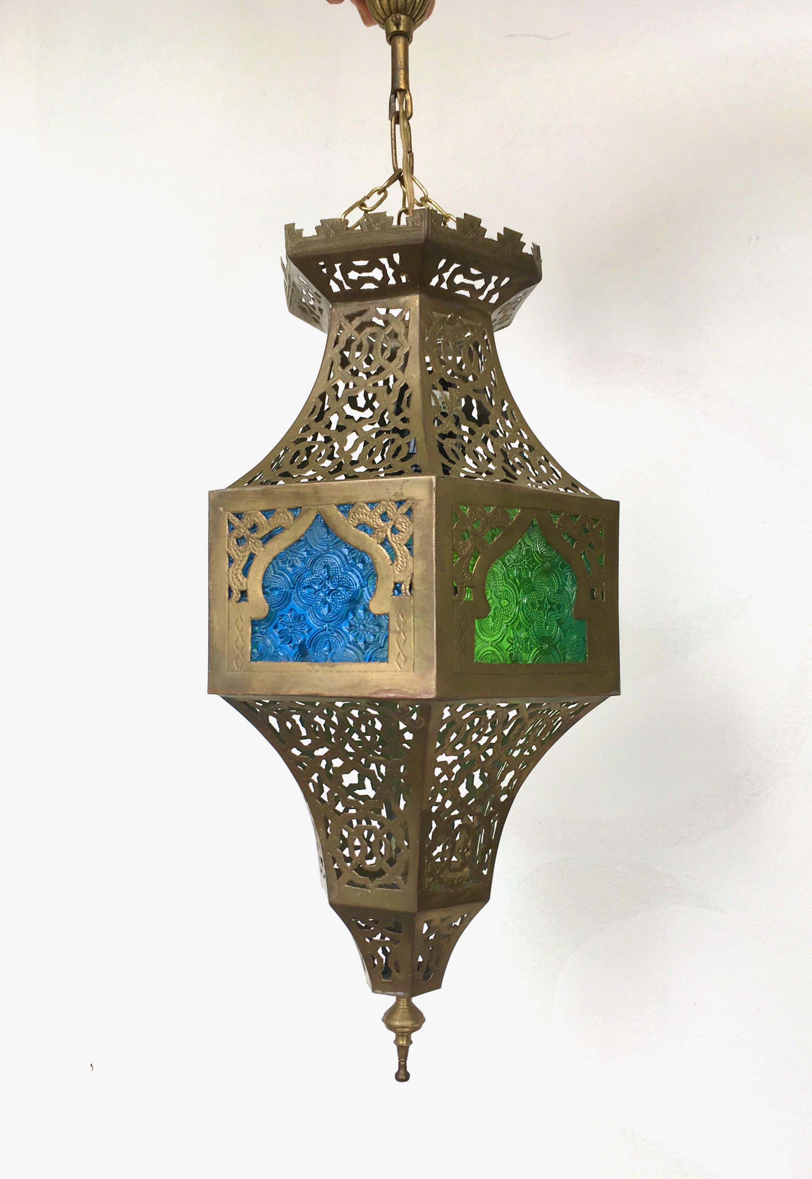 Moroccan brass suspension and coloured glass