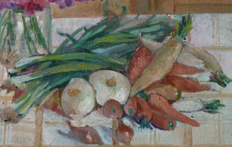 Still life with vegetables and flowers