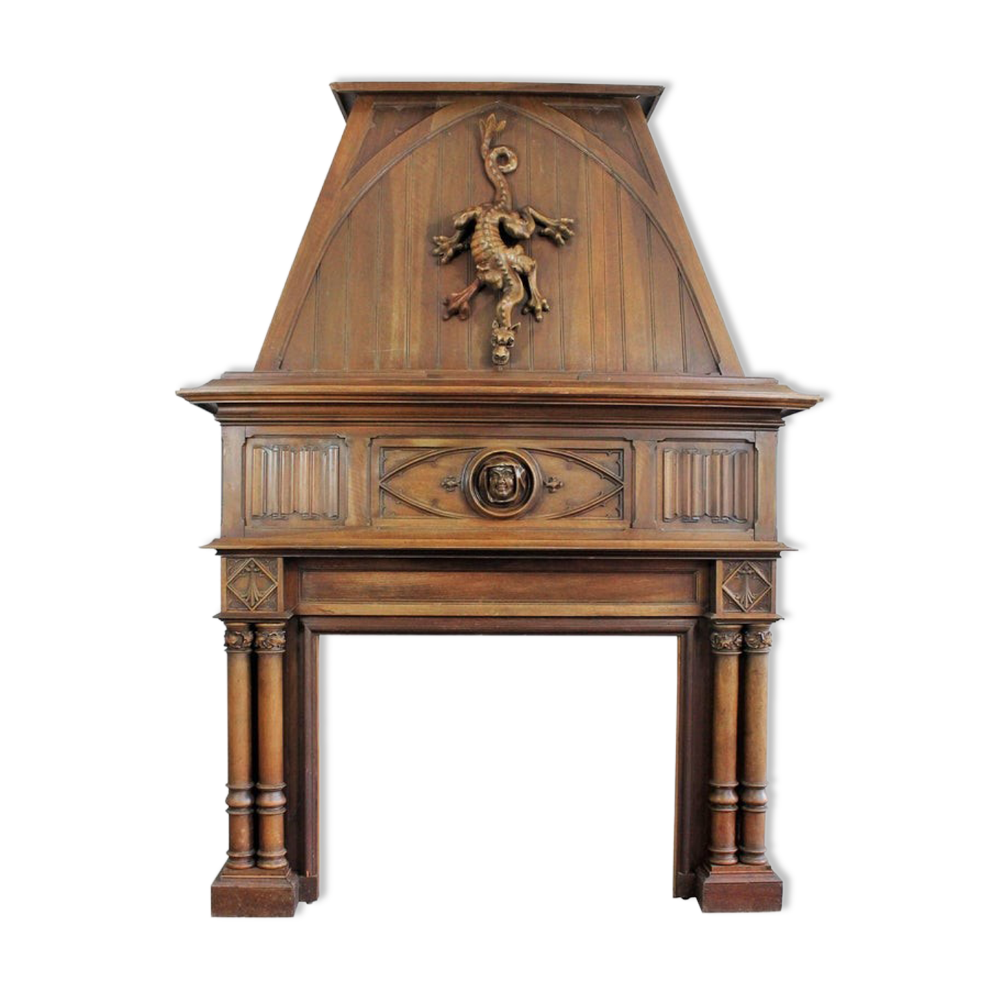 Gothic fireplace, wood, salamander motif, witch and hermitage