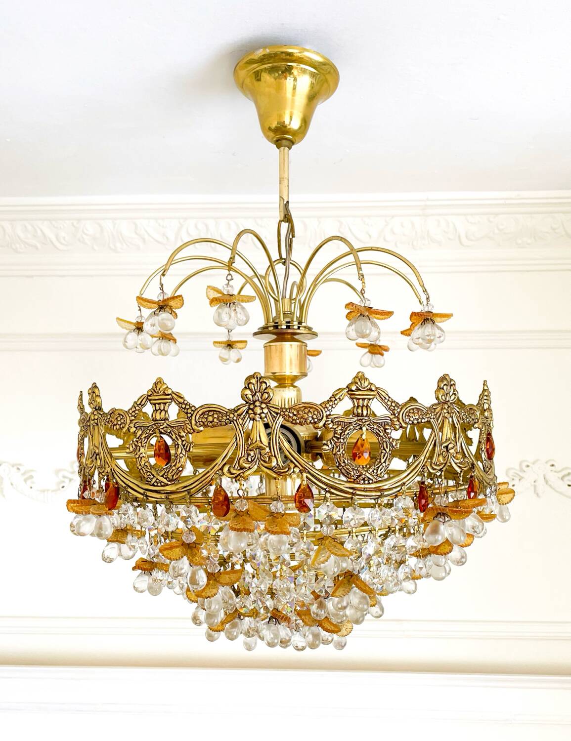 Lustre vintage exceptionnel en cristal style Murano orange, laiton, 5
