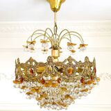 Lustre vintage exceptionnel en cristal style Murano orange, laiton, 5