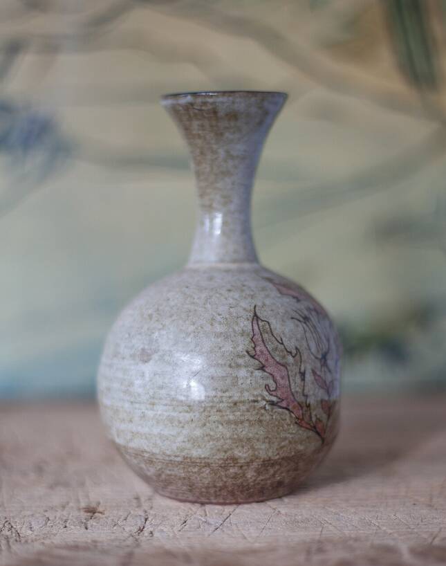 Glazed terracotta vase, small vase, ball vase with long neck, vase with floral motifs, thistles
