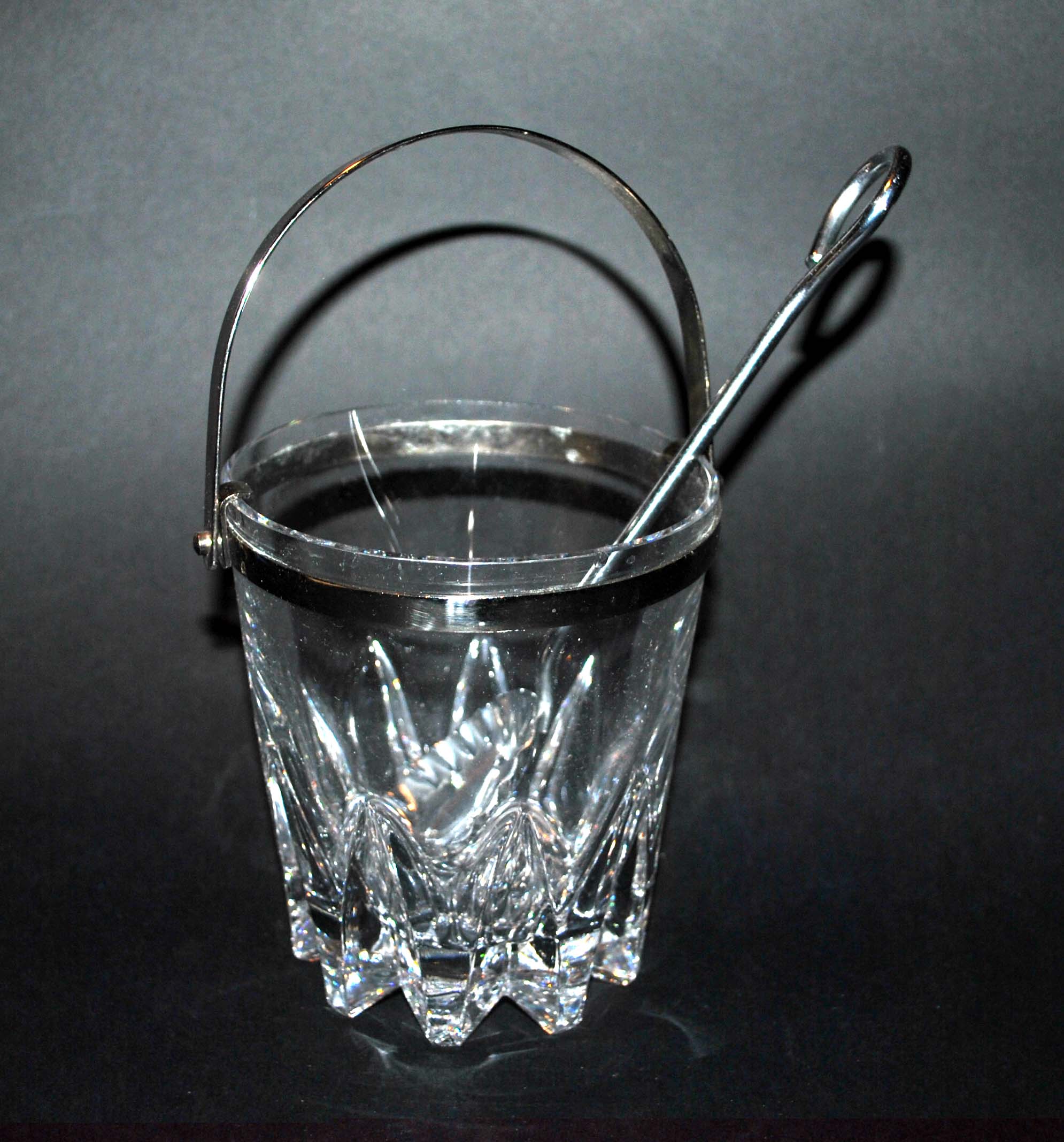 Vintage molded glass ice bucket and chrome ice cube spoon
