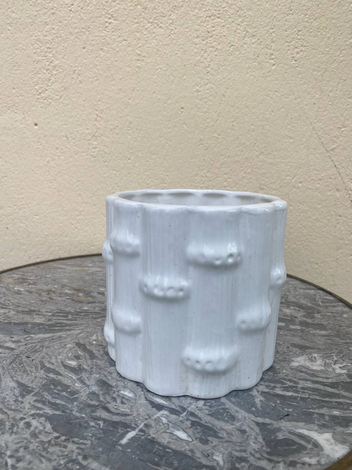 White earthenware flowerpot with bamboo decoration, signed and numbered