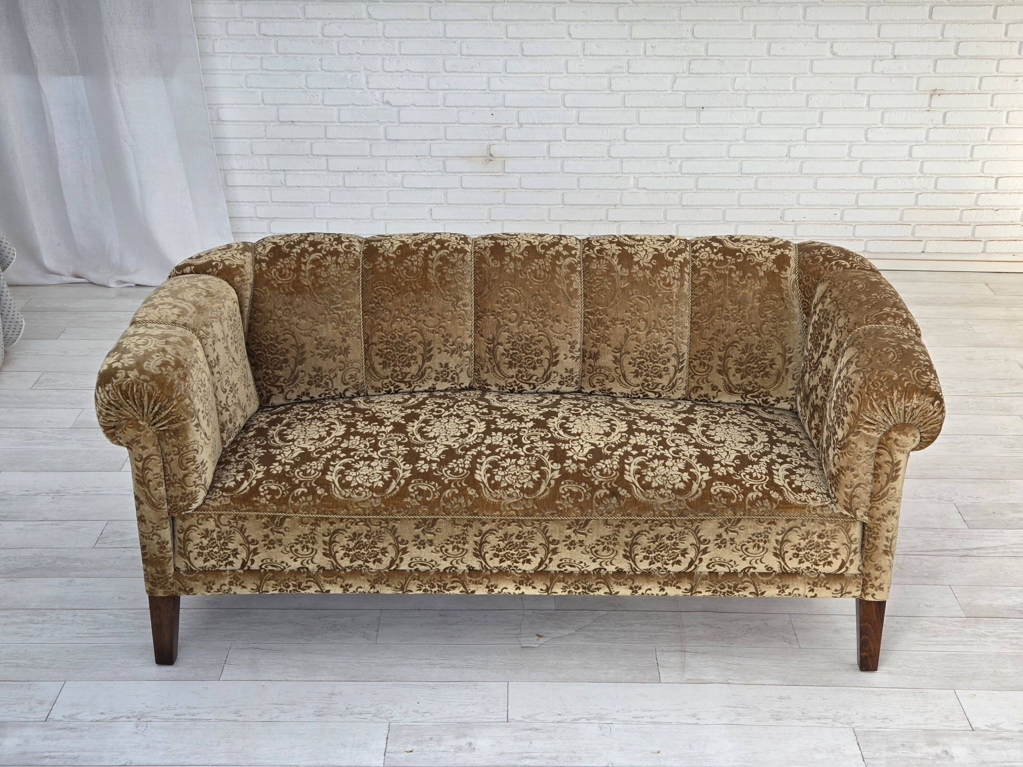 1960s, 3-seater Danish sofa, green furniture velour, ash wood legs.