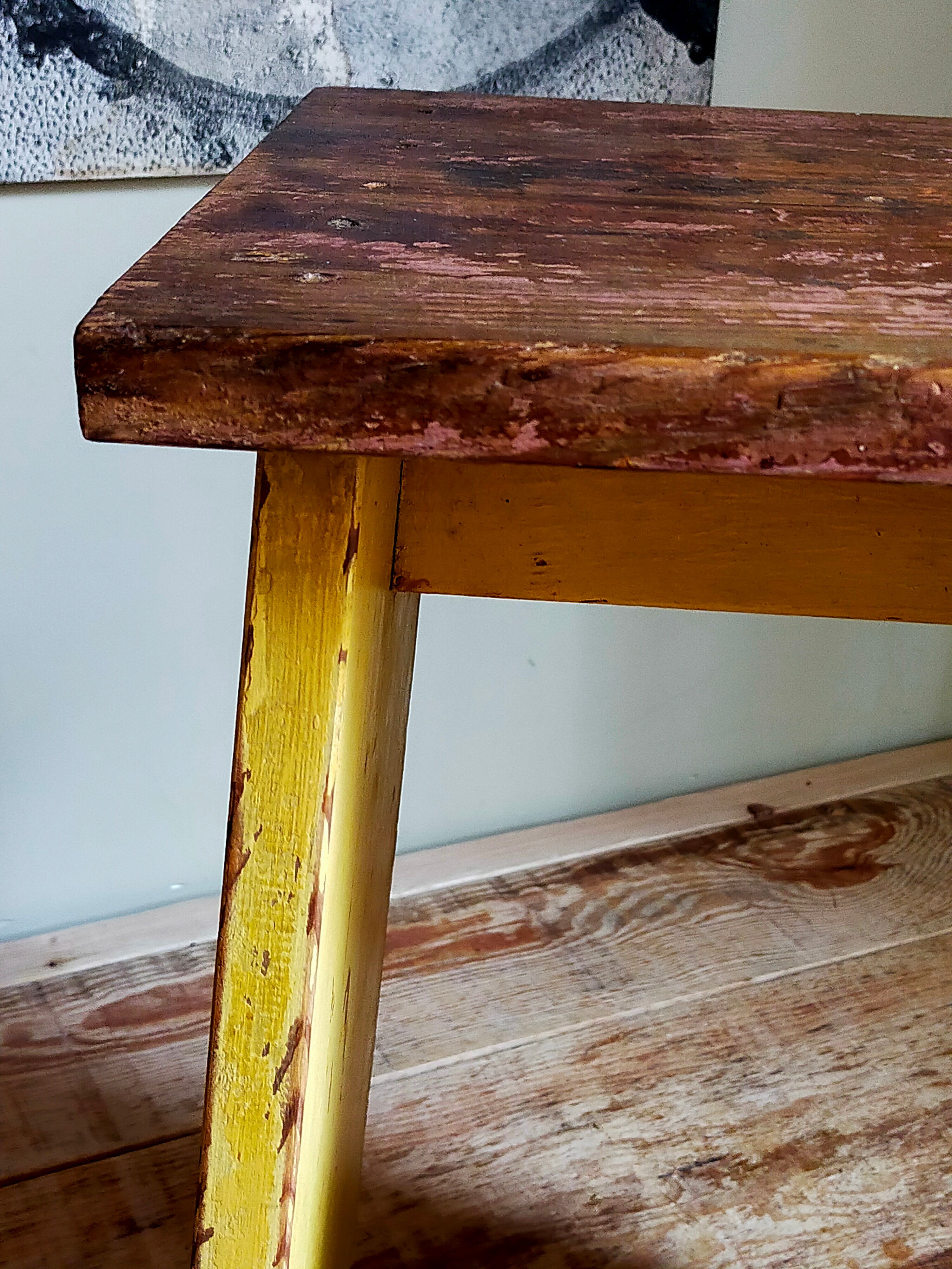 Art-populaire workshop stool in patinated wood