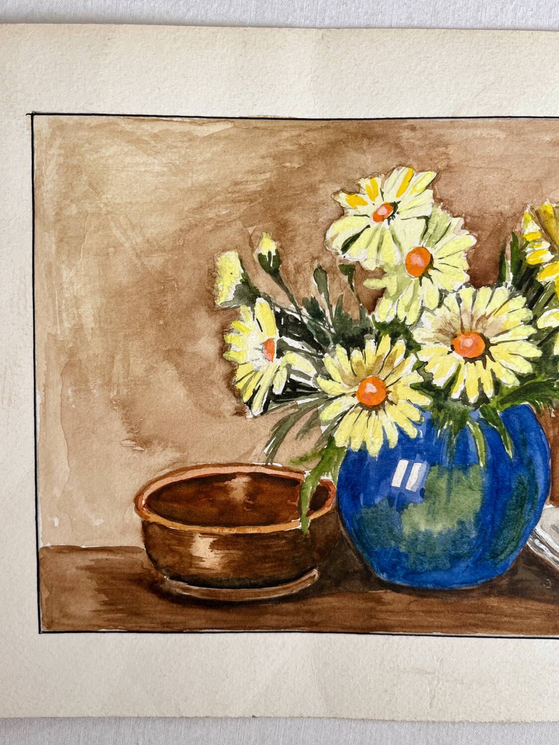 Small watercolor bouquet of yellow flowers signed Gautron 1986