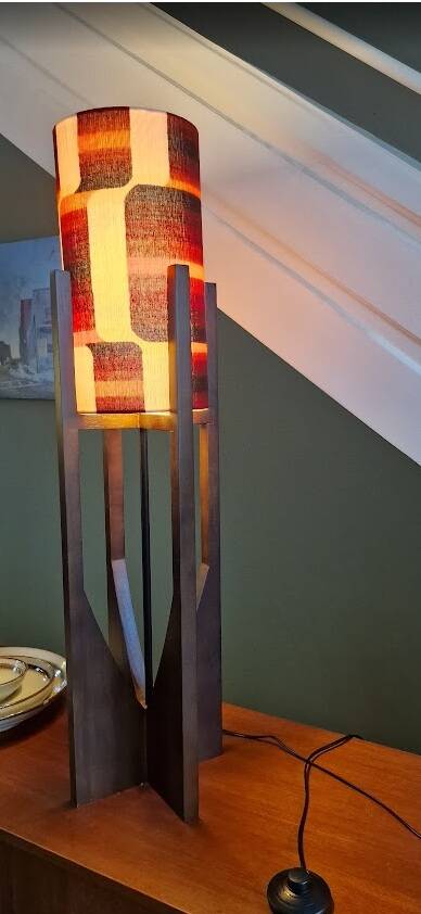 Unique mid-century sculptural walnut lamp – geometric shade
