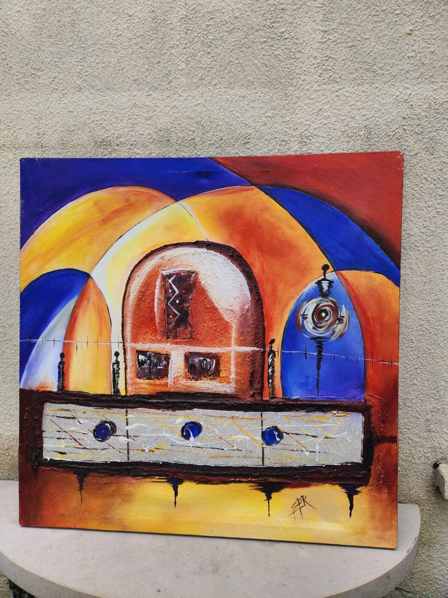 Large contemporary abstract painting signed Beyond Knowledge... the Universe