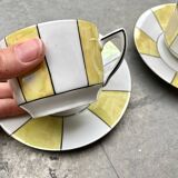 60s striped iridescent porcelain coffee service, 2 cups + 2 vintage saucers