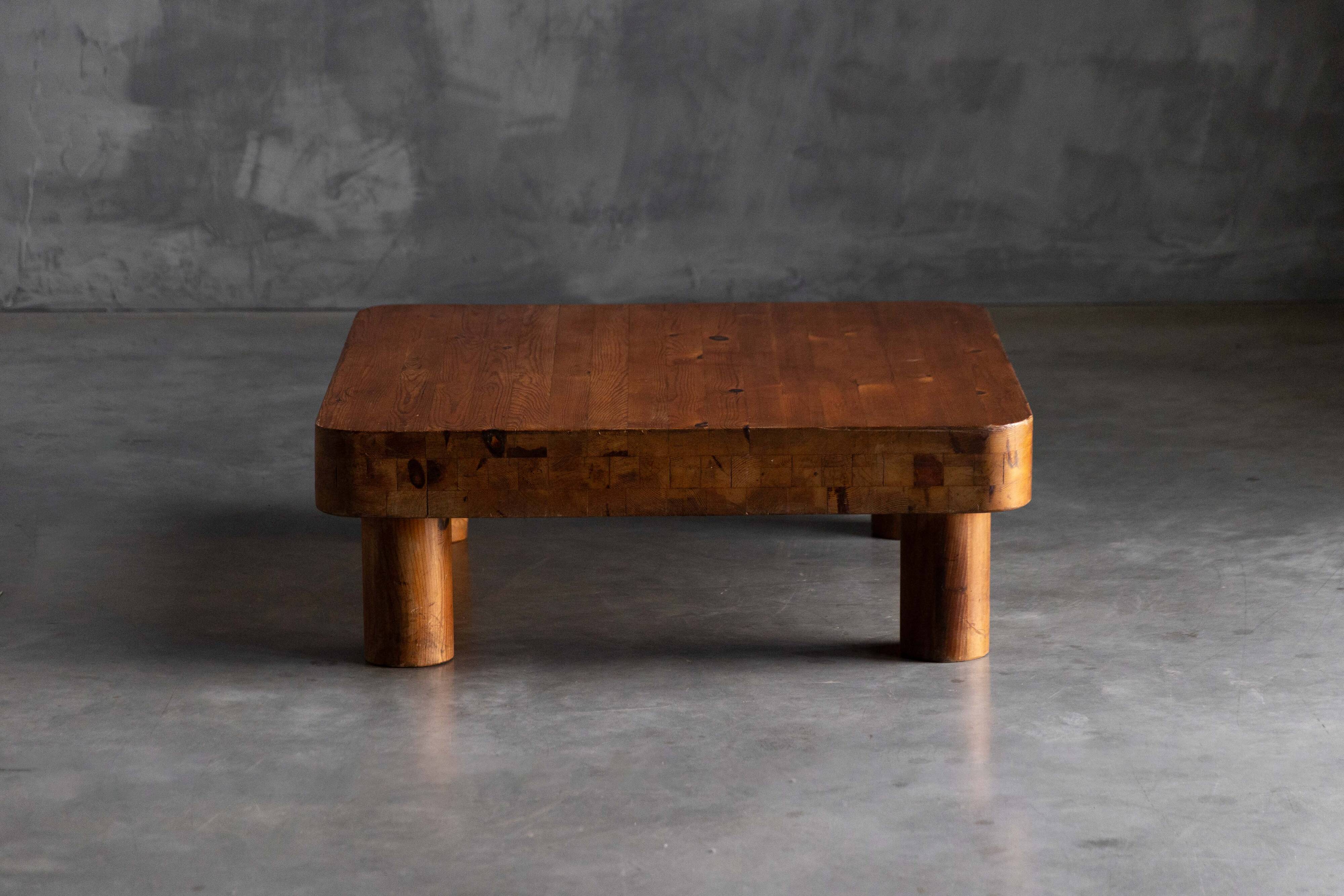 Brutalist pine low coffee table, France, 1960s