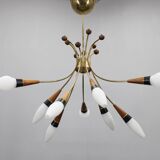 1960s Rupert Nikoll Brass and Teak Opaline Glass Chandelier, Austria