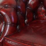 Set of a Red Cowhide Leather Chesterfield Club Chair and Side Table