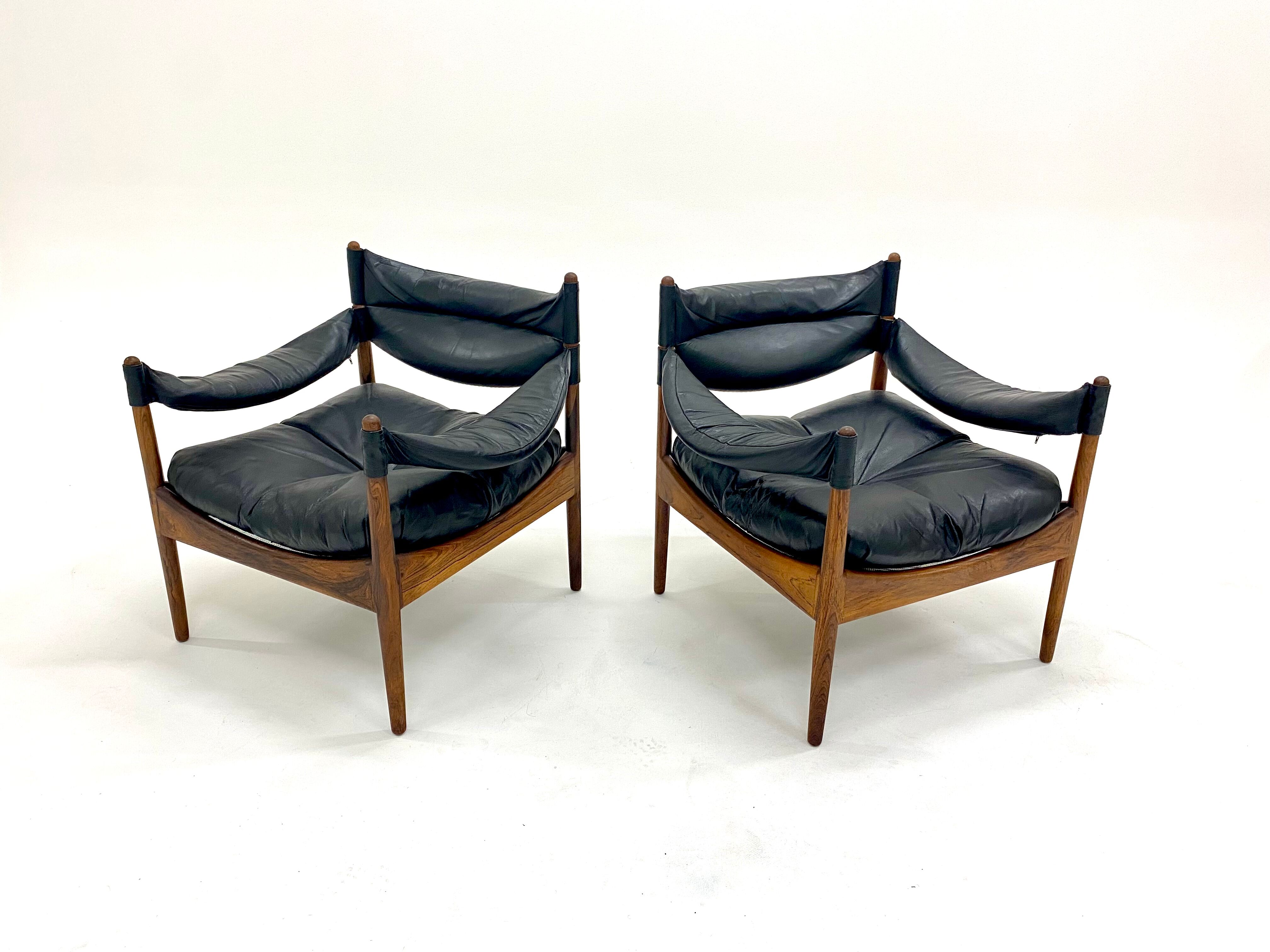 Pair of Modus armchairs in rosewood and leather, Kristian Solmer Vedel for Soren Willadsen 1960